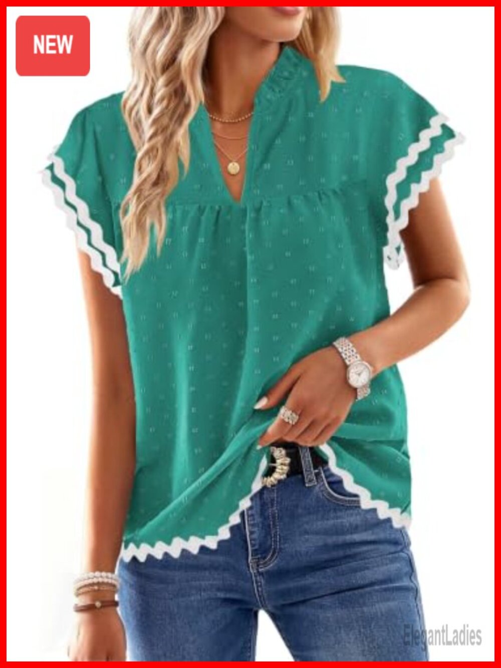 Womens Boho Ruffle Sleeve Flowy V Neck Dressy Summer Top